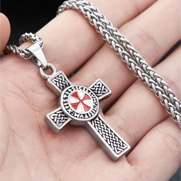 Silver Red Crusader Crusades Cross Necklace Men's Christmas Birthday Vtg Gift - Picture 4 of 6
